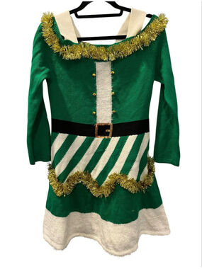 Elf Ugly Christmas Sweater Dress Cold Shoulder Green White Tinsel Trim Small
